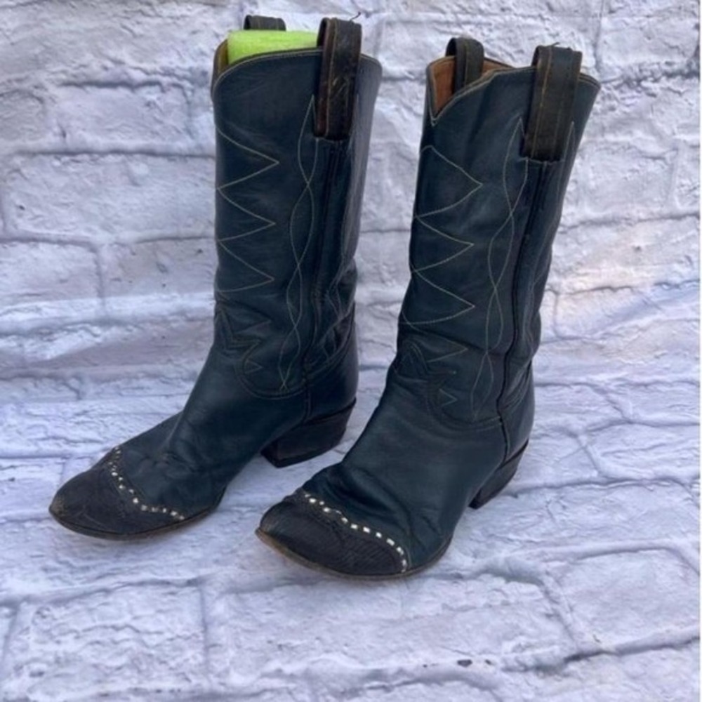 Tony Lama Black Leather Western Cowboy Boots Studded Toe Accent Size 9.5B